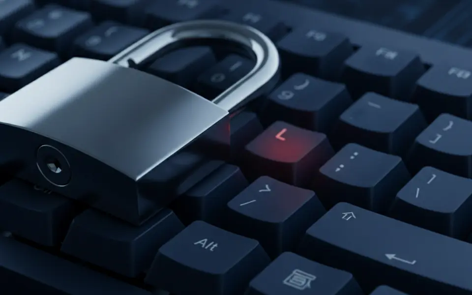 Gembok perak di atas keyboard sebagai simbol keamanan
