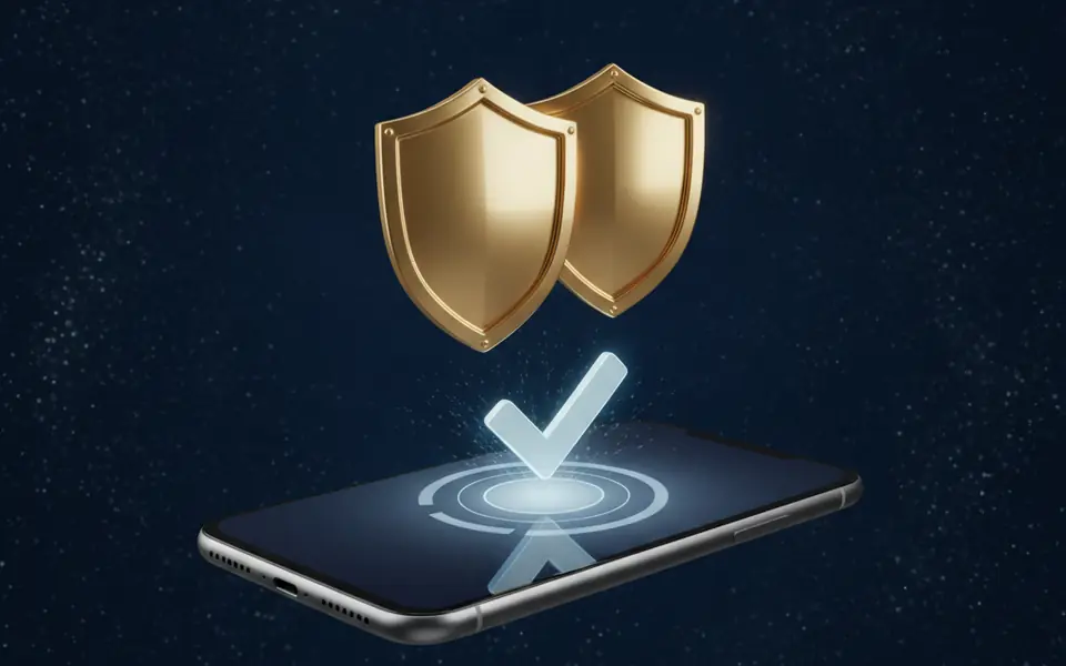 Dua perisai emas di atas ponsel melambangkan verifikasi dua langkah